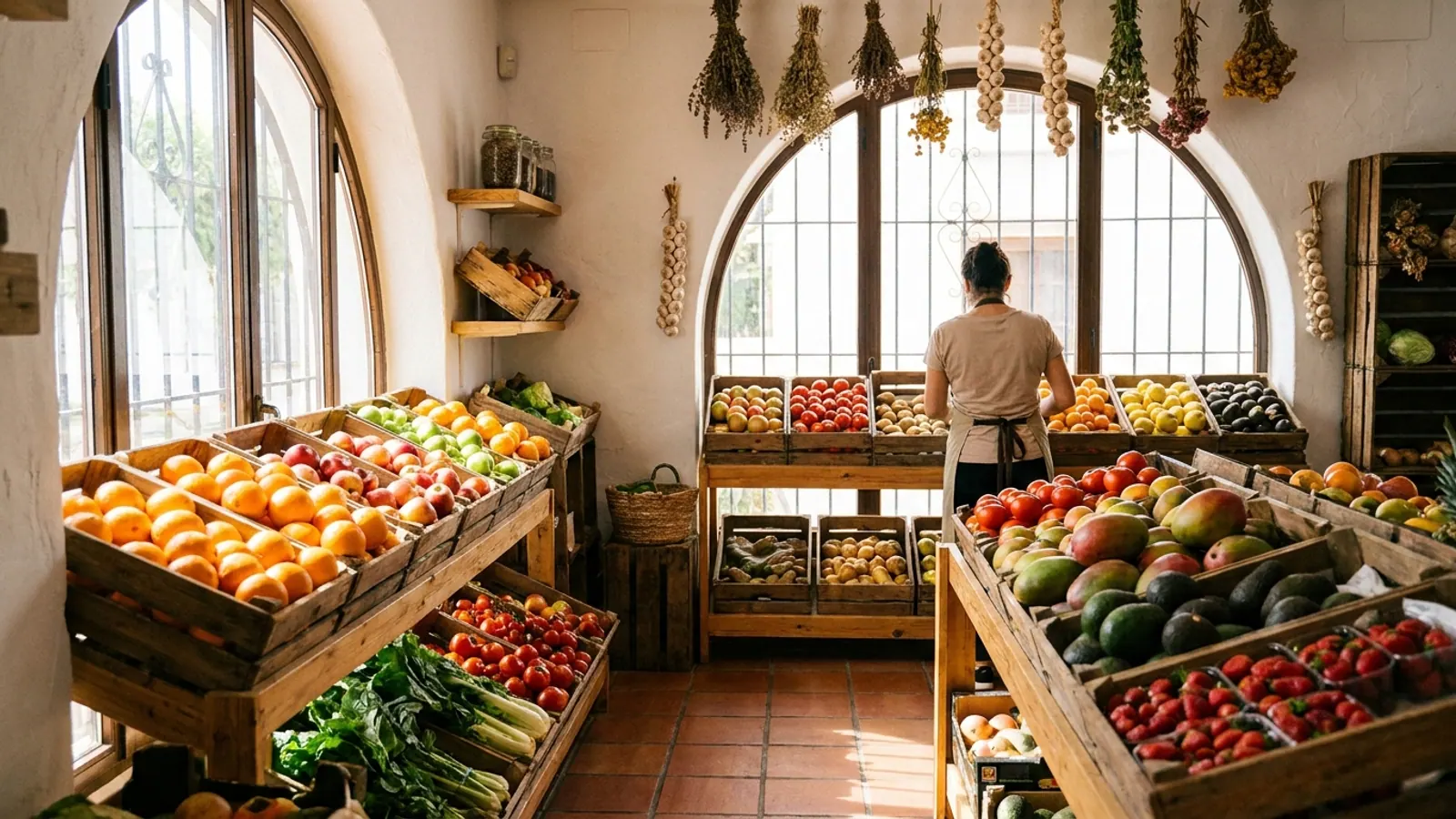 Interior de la frutería Frutagui en Marbella con cajas de fruta y verdura fresca